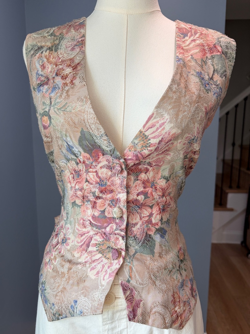 Vintage Envious Floral Brocade Tapestry Vest Tie Back Waistcoat Small USA